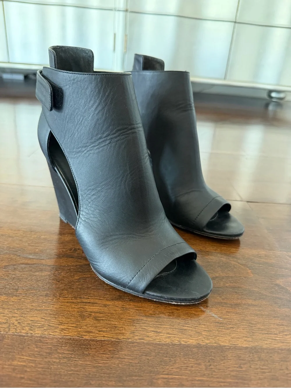 Vince Katia Black Open-Toe Wedge Booties, Size 9